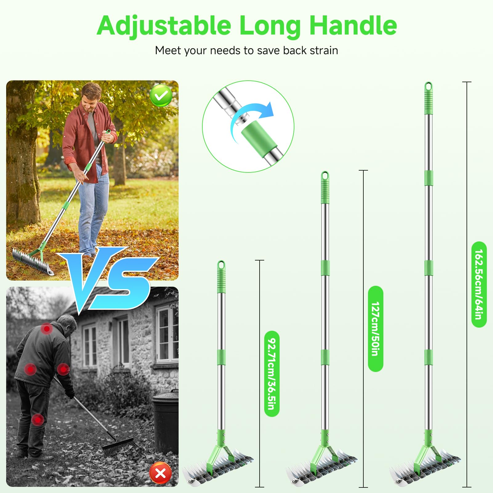 Rastrillo de paja para césped, rastrillos de jardín con mango ajustable de 160 cm con 21 dientes, rastrillo de jardín de 32 cm de ancho, resistente, rastrillos de césped para aflojar el suelo, césped