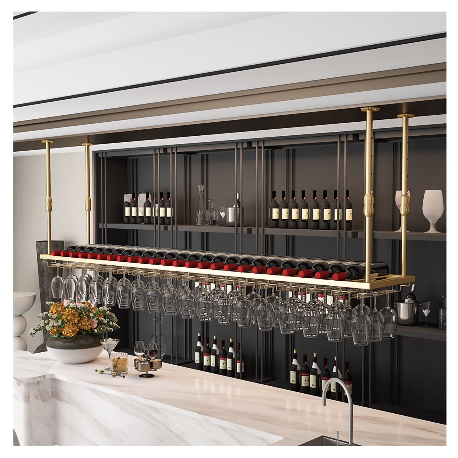 Porte-bouteilles de plafond en métal doré avec étagère en verre