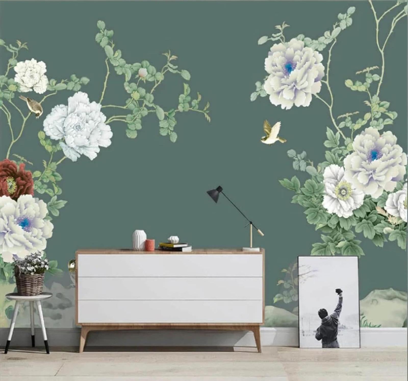 Wallpaper-3D-Xlm 200Cm×140Cm(B×H) Fresh Green Beautiful Peony Birds 3D Wallpaper Easy Install Feature Office Living Room Sofa Bedroom Tv Background Wall Decoration-200Cm×140Cm