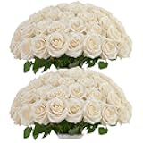 IUKnot 50pcs Ivory Roses Artificial Flowers Bulk,Fake Roses Silk Flower with Stems Realistic Flowers for Wedding Centerpiece Home Party Decor