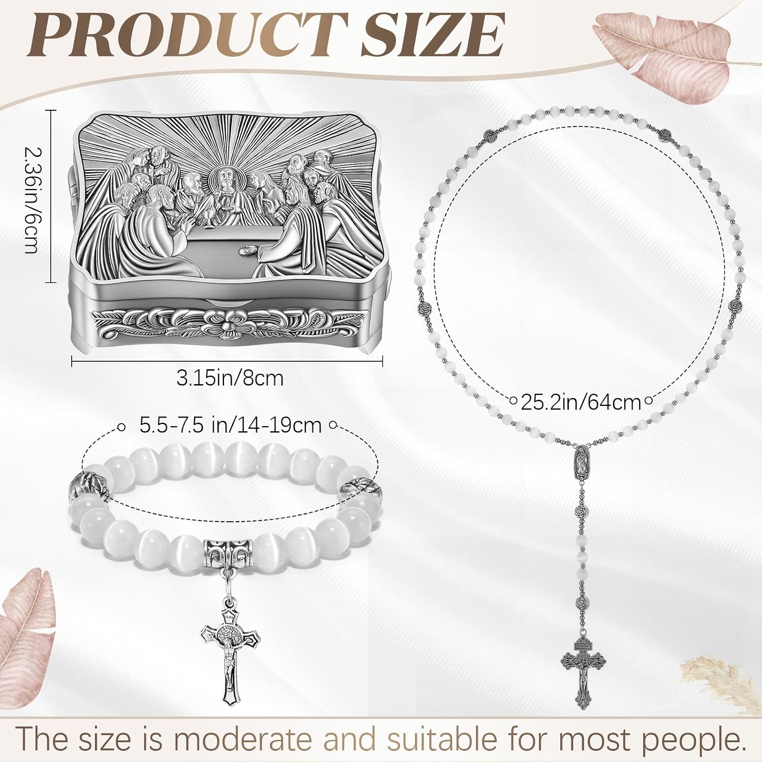 Bucherry 3 Pcs Catholic Rosary Set for Women Men Prayer Beads Necklace & Bracelet with Jewelry Box, Rosarios Catolicos Religious Gift for First Communion Baptism Christian Confirmation Wedding Gift