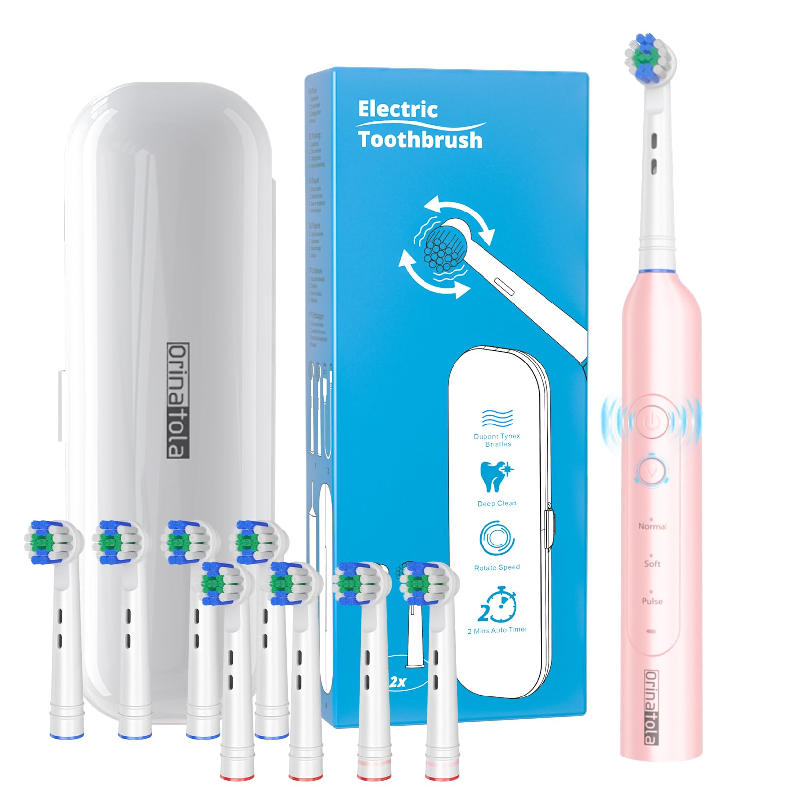 Spazzolino elettrico da denti, con 8 testine di ricambio, custodia da viaggio e 3 modalità di pulizia per la cura dei denti, impermeabile IPX7, spazzolino elettrico da denti da viaggio, rosa