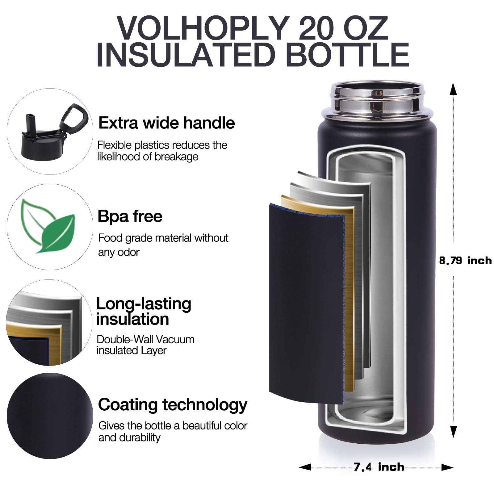 Volhoply Borraccia termica in acciaio inox da 590 ml, per bambini, con coperchio con cannuccia, confezione da 4 pezzi, thermos sottovuoto a doppia parete con manico, bottiglie in metallo