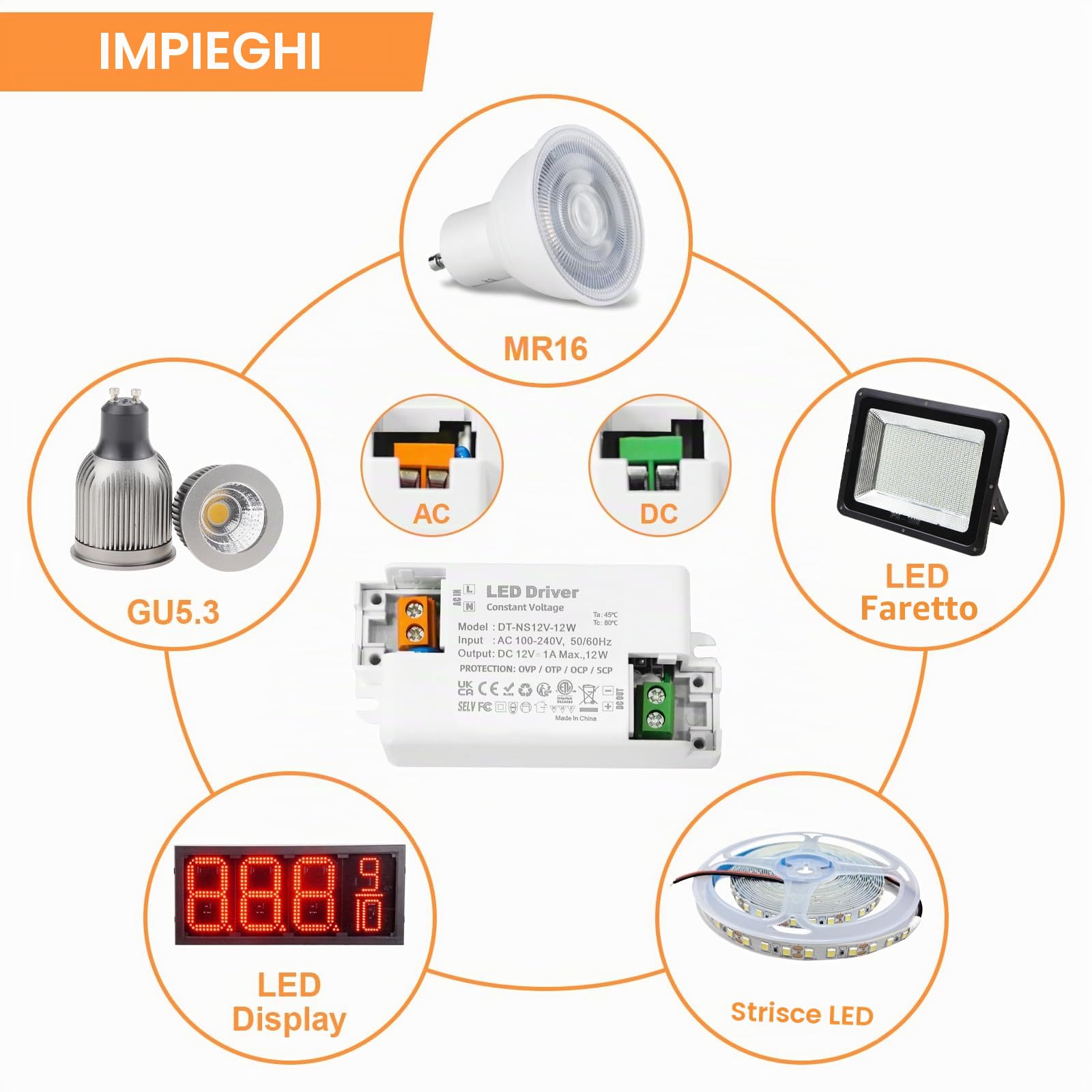 Trasformatore 220V 12v 12w, Alimentatore 12v 1 A, Trasformatore LED AC a DC, led driver 12 V, per G4, GU5.3, MR11, MR16, Lampade LED, Non dimmerabile, non sfarfallante, non rumoroso