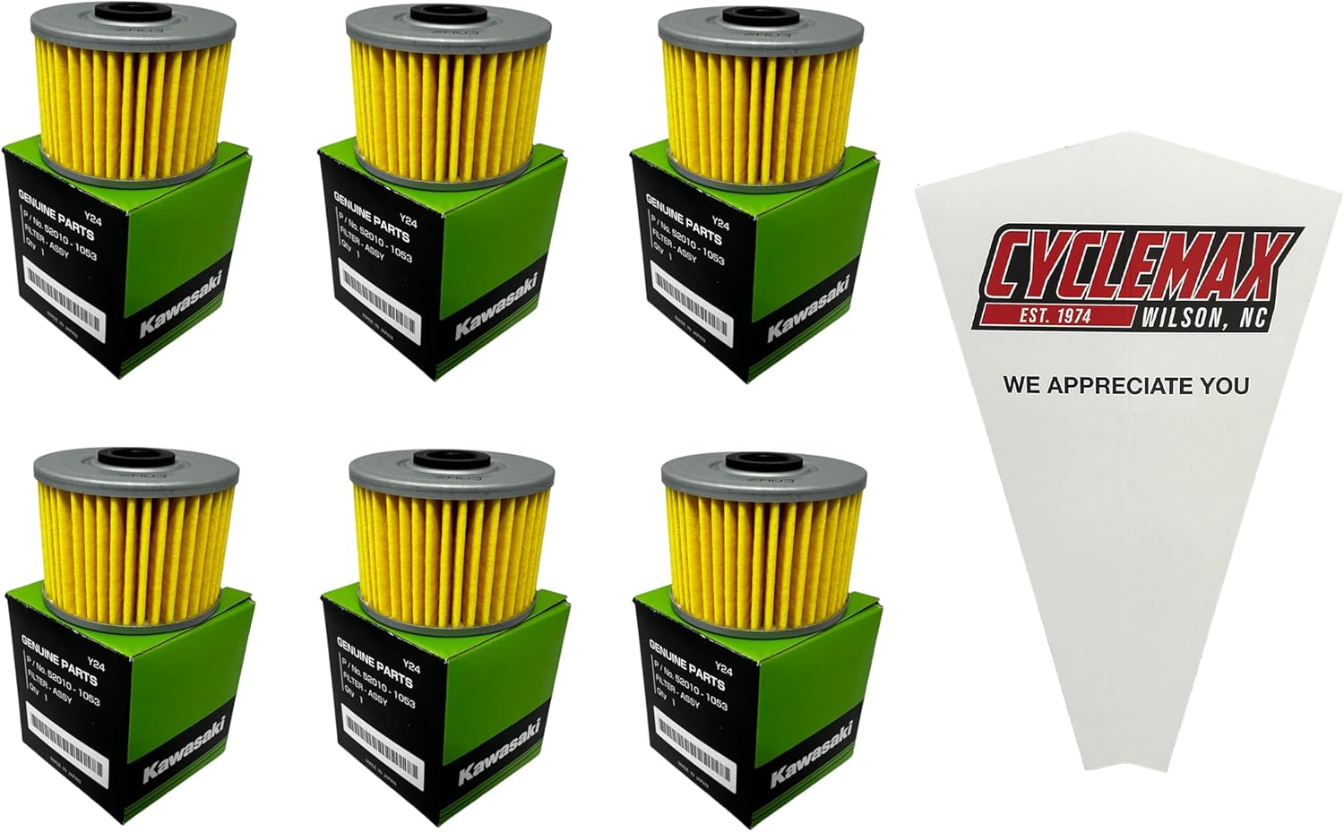 CYCLEMAX Six Pack Compatible with Kawasaki Oil Filter 52010-1053 Contains Six Filters and a Funnel