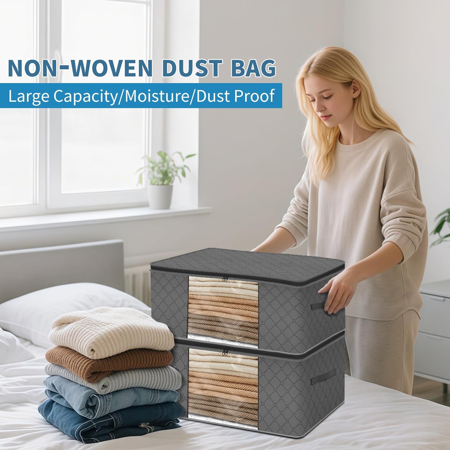 12 Pack Clothes Organizer Storage Bags, 35l Large Capacity, Foldable Underbed Storage Bags, with Clear Window Reinforced Handles for Blankets, Clothes, Comforters, Grey
