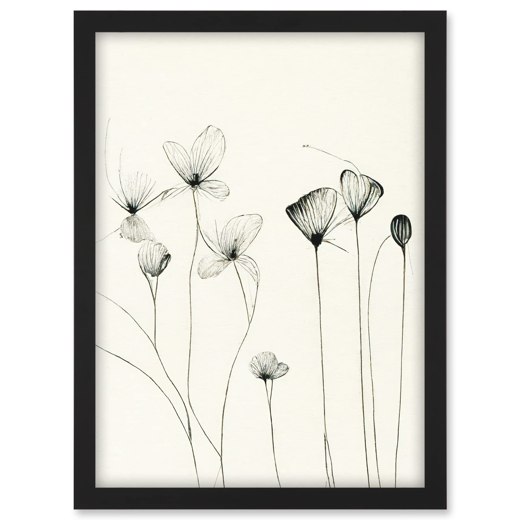 Doppelganger33 LTD Stylish Flower Illustration Line Drawing With Black Ink Artwork Framed A3 Wall Art Print