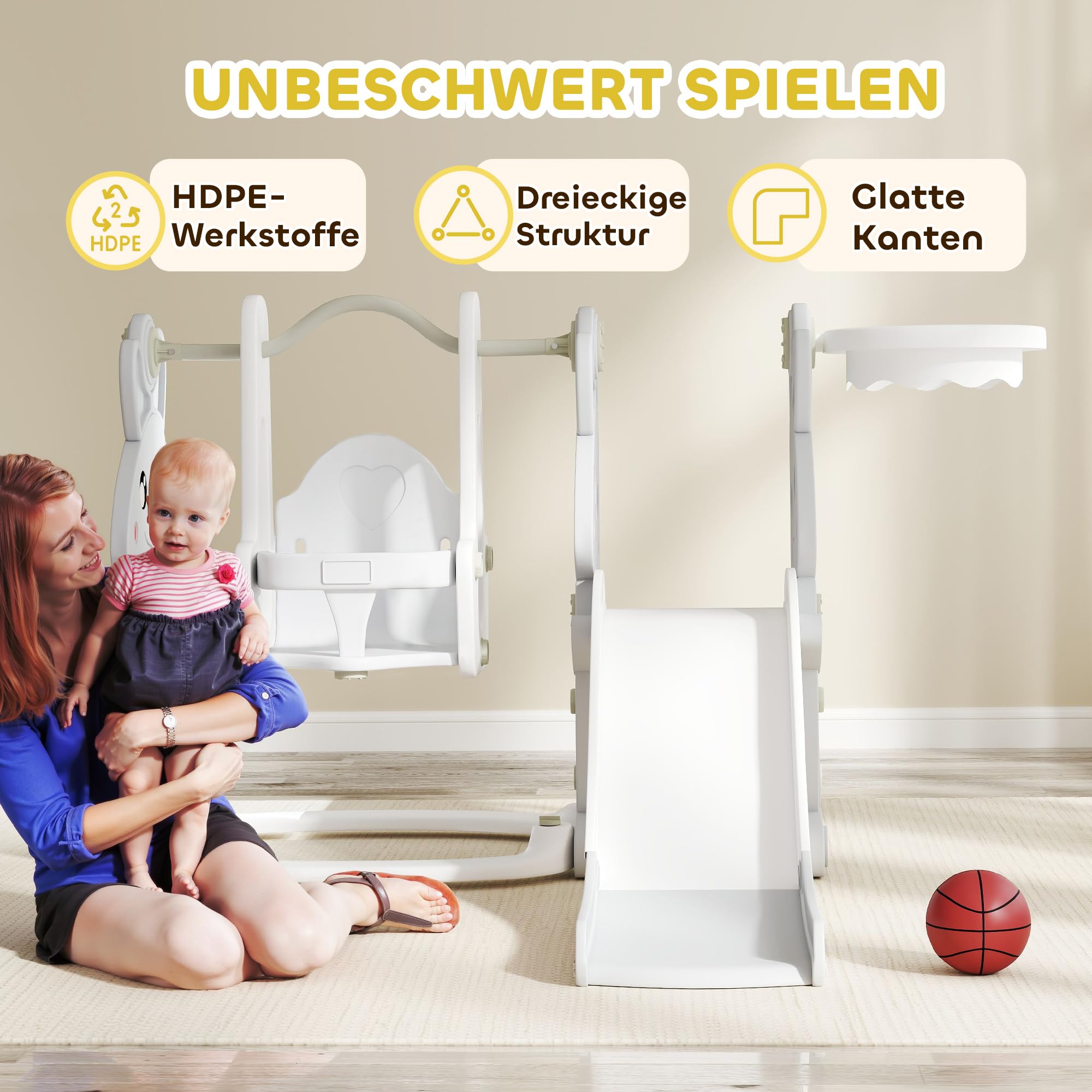 AIYAPLAY Rutsche 4-in-1 Kinderrutsche mit Schaukel, Klettergerüst, Basketballkorb, Kinder Spielplatz mit Hasendesign Kleinkinderrutsche für Indoor und Outdoor Kinder von 1,5-4 Jahren Grau