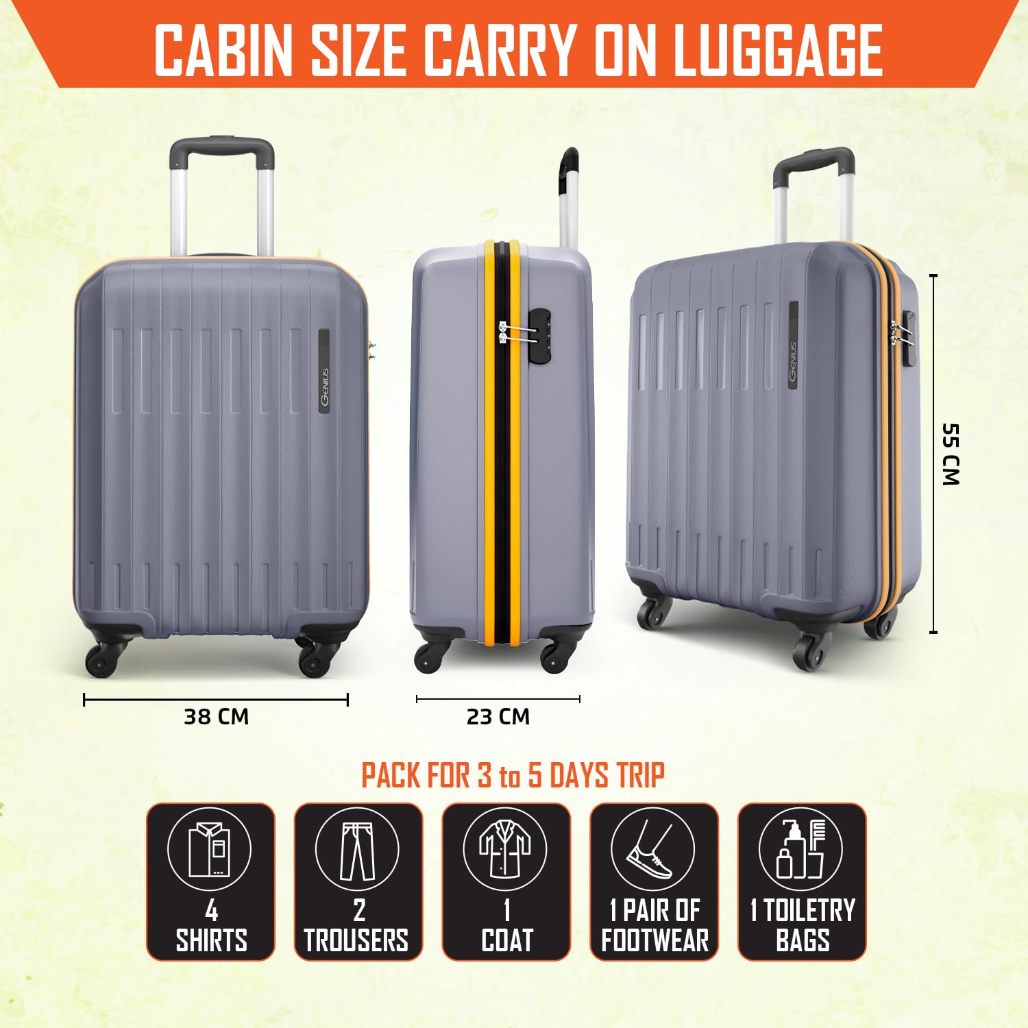 Safari Genius Alley 55cm Cabin Trolley Bag Hard Case Polypropylene, 4 Spinner Wheels, 360 Degree Wheeling Carry on Luggage, Travel Bag, Suitcase, Trolley Bags, Flintstone Softline (Grey) — Amazon image 7
