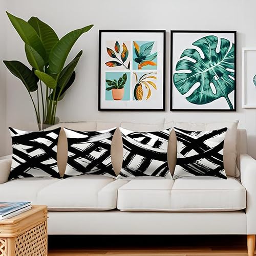 Miniatura 2 de Juego de 4 fundas de almohada bohemias modernas de 18 x 18 pulgadas, almohadas decorativas a rayas blancas y negras para sofá, decoración geométrica