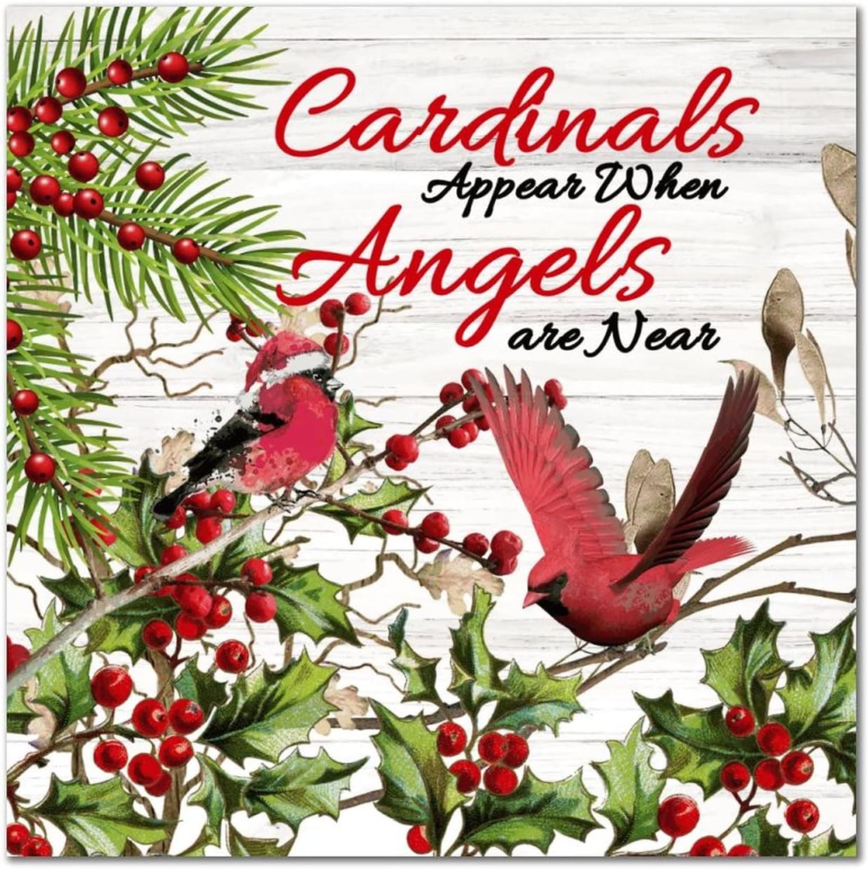 Red Bird Appear When Angels Are Near Wood Sign Rustic Christmas Mistletoe Wreath Positive Wall Plaque Holy Night Wall Decor Hanging Plaque Sign For Bedroom Kitchen Living Room Table 16x16in