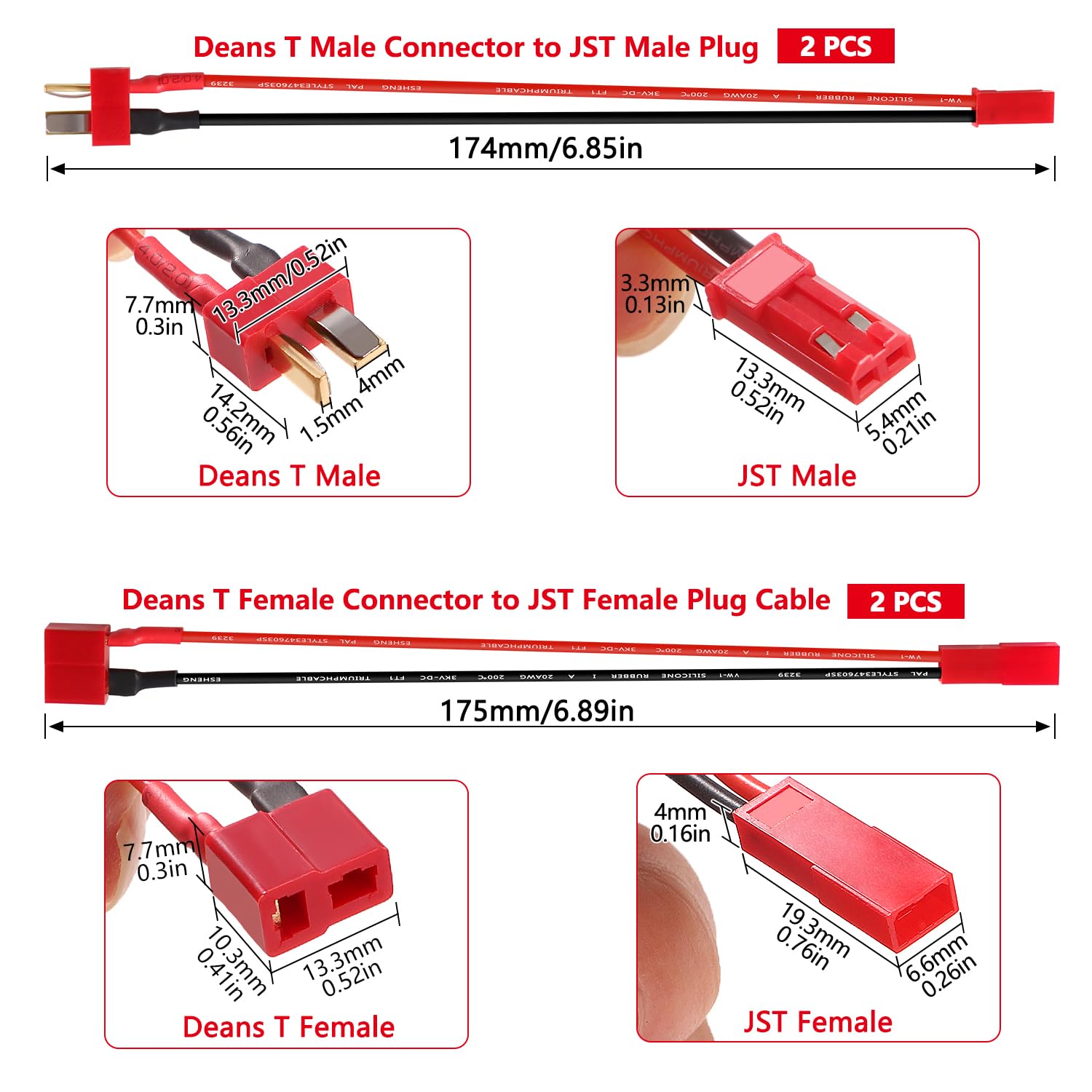 YIXISI 4 Sztuk Deans T do JST Adapter Kabla Wtykowego, Wtyczka JST do Złącza Wtykowego Deans T z 15cm Kablem Silikonowym 20AWG, do Pojazdów RC i Akumulatorów LiPo