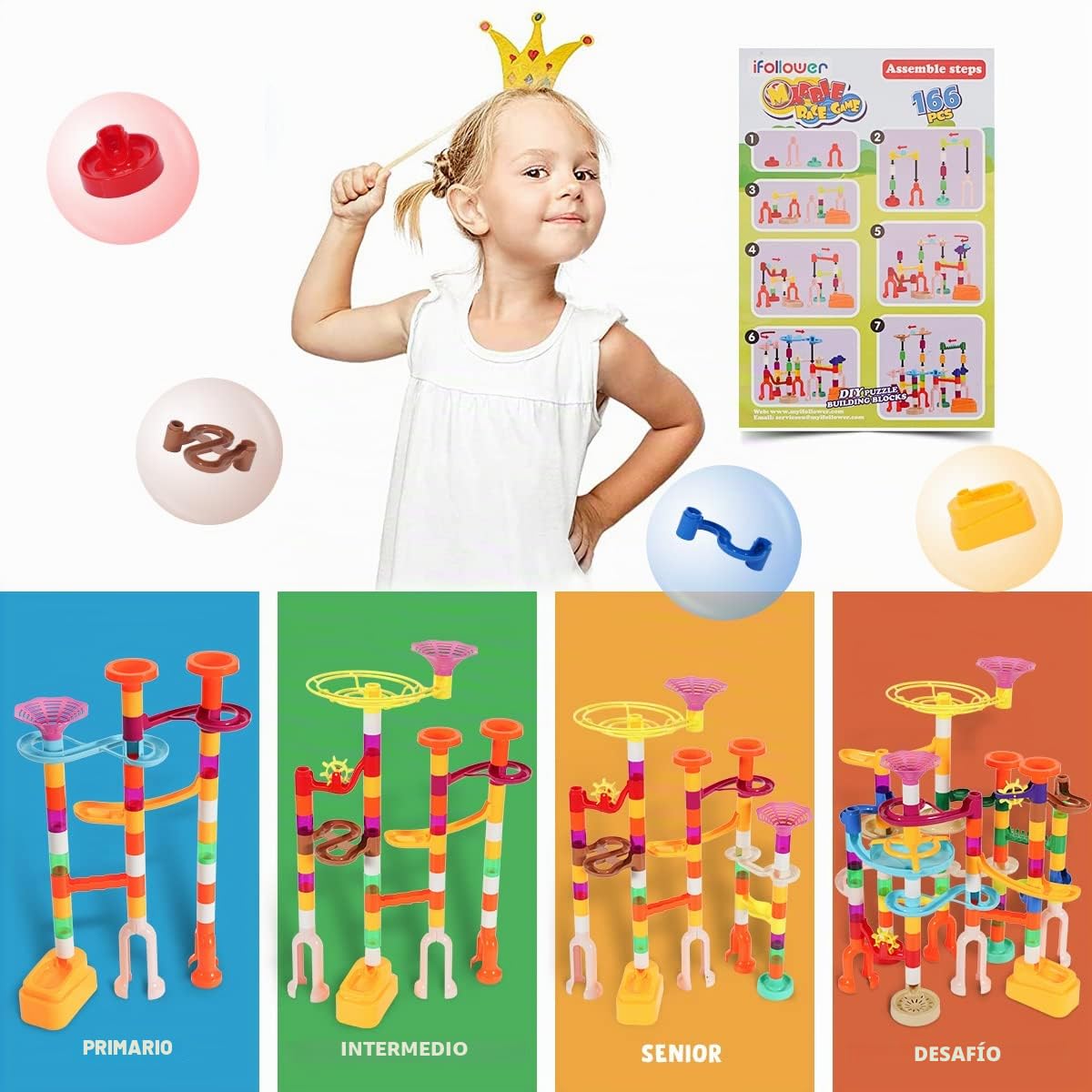 Juego de Carril de canicas para niños - Actualización: 166 Piezas. Carril de canicas Multicolor