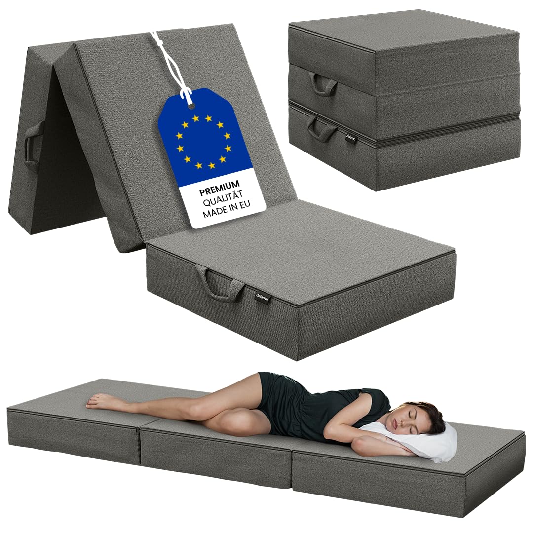 Bellamio Lomme Klappmatratze 90x200 cm – Faltmatratze extra dick 15 cm – Gästematratze Dunkelgrau – klappbare Reisematratze mit Tragegriffen – Faltbare Camping Matratze – Bezug abnehmbar & waschbar