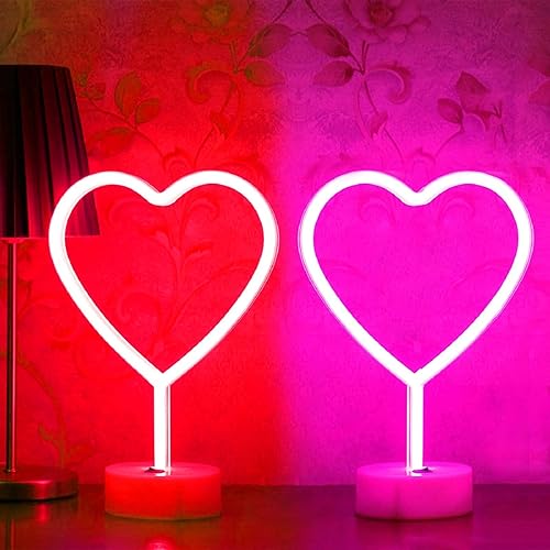 Paquete de 1 letrero de neón de corazón rosa y rojo con forma de corazón, luz de neón LED, funciona con pilas o USB, luces de decoración de mesa