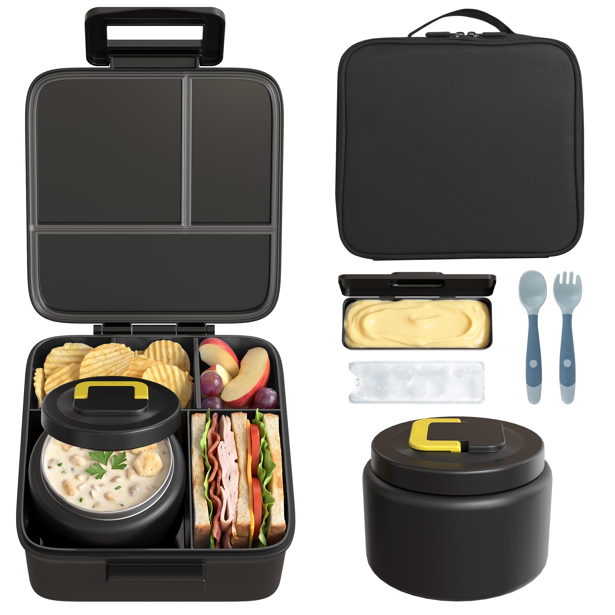 MAISON HUIS Kids Bento Lunch Box Set With 8oz Soup Thermo, Leakproof Lunch Containers with 5 Compartment, Thermo Hot Food Jar and Insulated Lunch Bag, BPA Free,Travel, School -Black