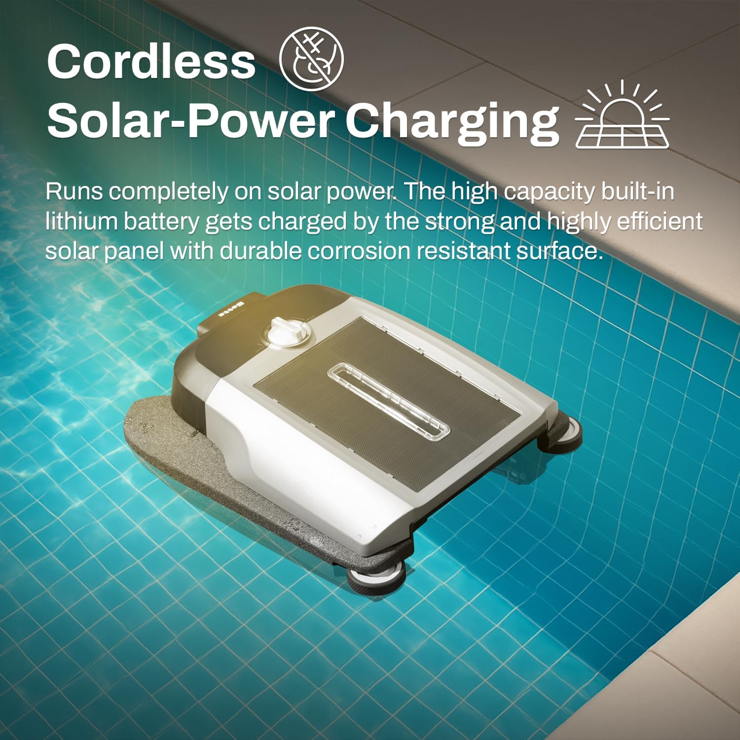 Betta Flex skimmer floating in a pool with sunlight on its solar panel