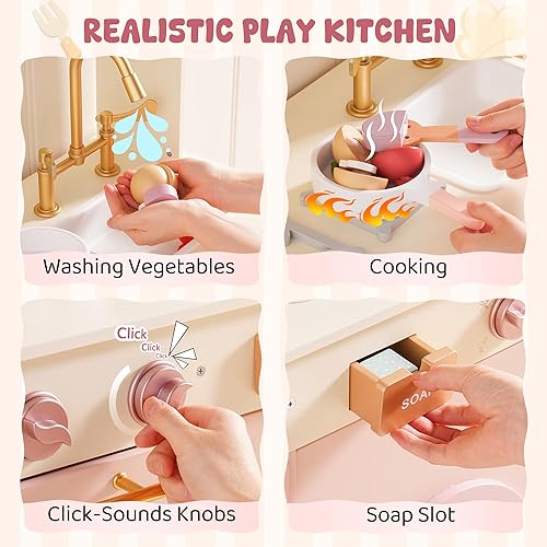 Miniatura 8 de ROBOTIME Cocina de juego para niños, cocina moderna de juguete de madera con máquina de hielo, cafetera, horno, microondas, tostadora, estufa,