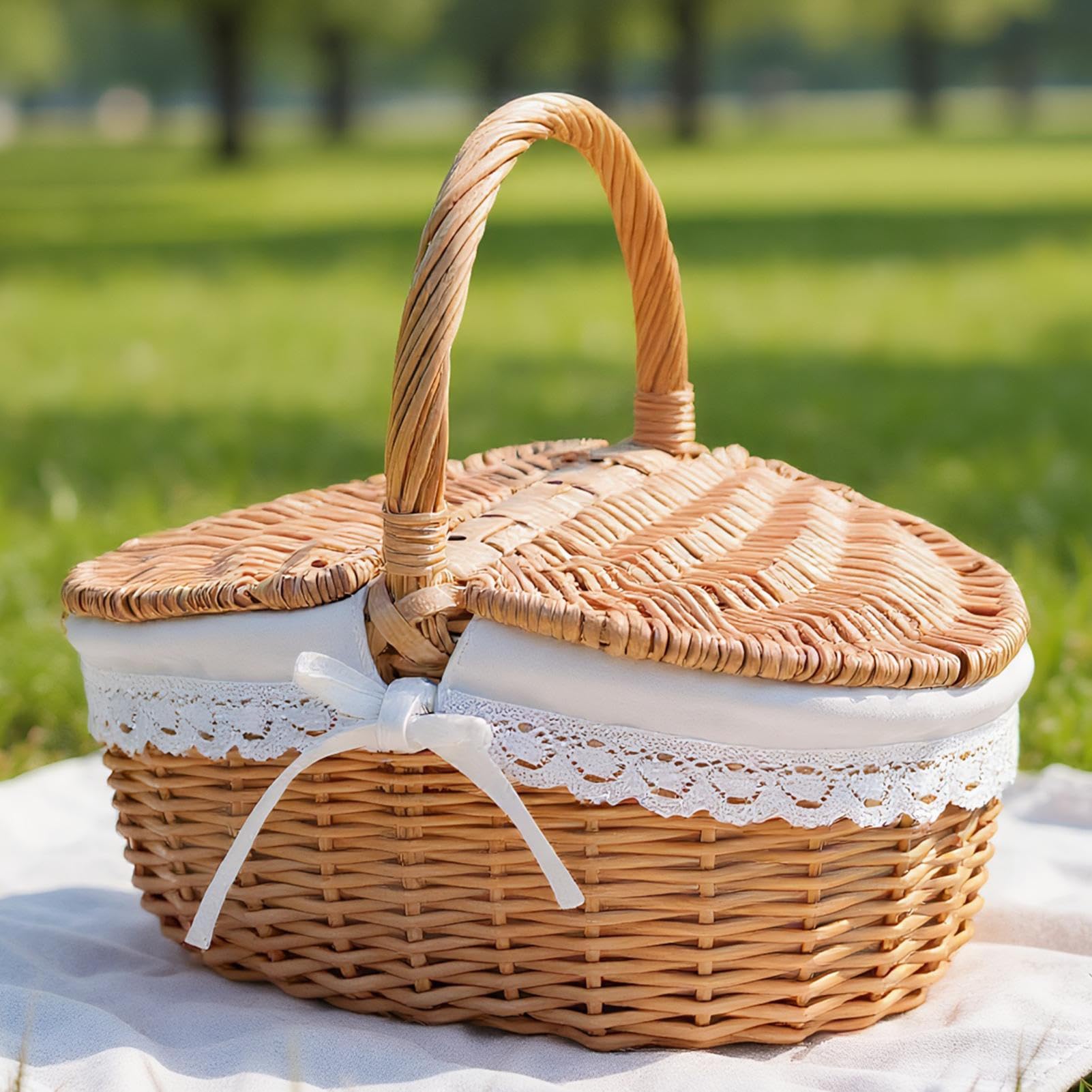 Weiden Picknickkorb Mit Deckel & Henkel – Handgeflochtener Picknickkorb Für 2 Personen Mit Entnehmbarem Innenfutter – Ideal Für Picknick, Einkaufen, Camping Und Als Geschenk
