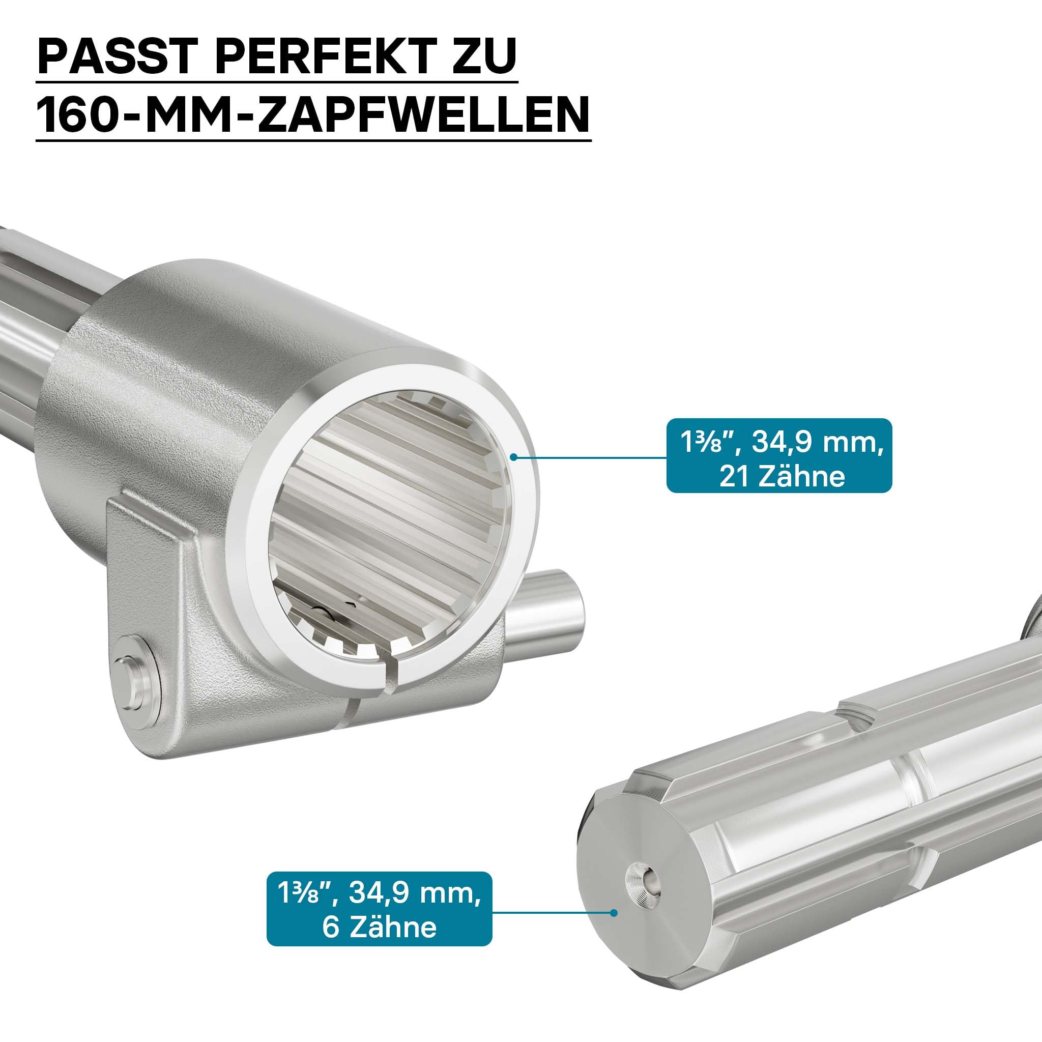 Zapfwelle, PTO 160 mm Buchse mit Keilwellenaufnahme 1 3/8" Z21 für Ausgangswelle 1 3/8" Z6 Traktor