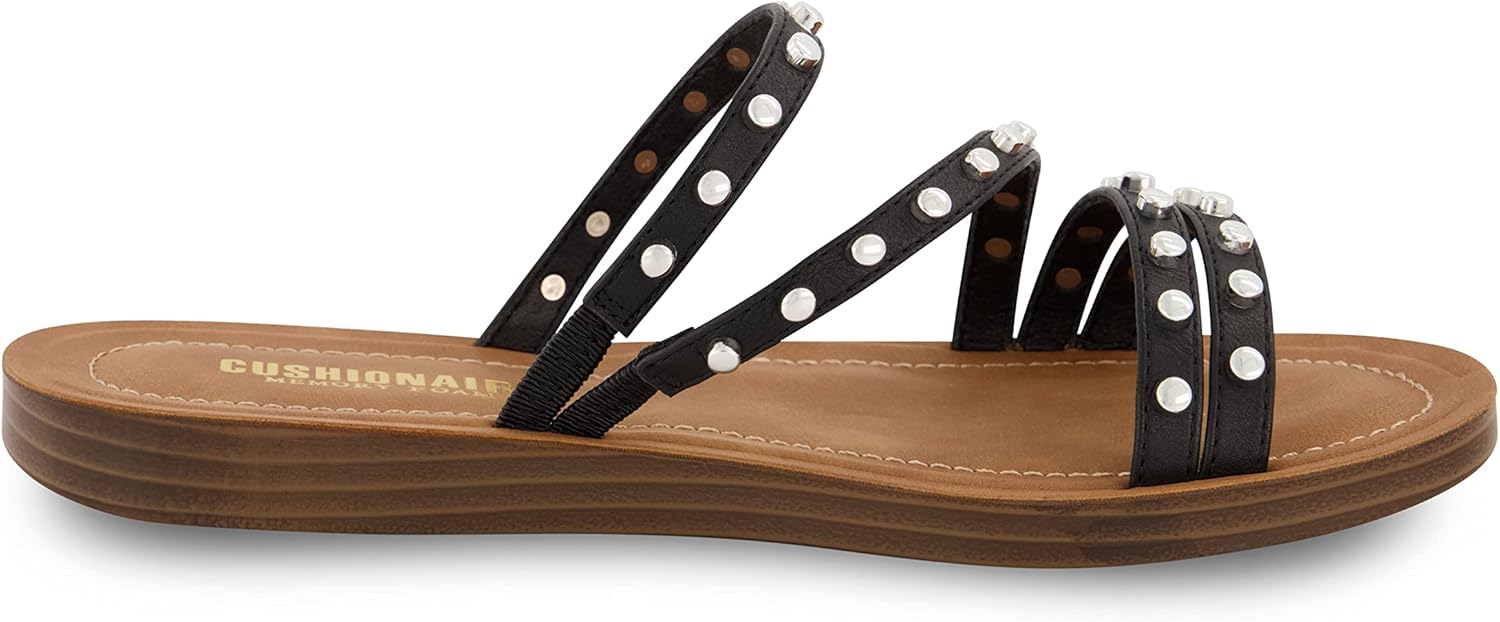 CUSHIONAIRE Andrea Strappy Women’s Sandals, Comfortable Studded Flat Slides for Women with Cushioned Footbed