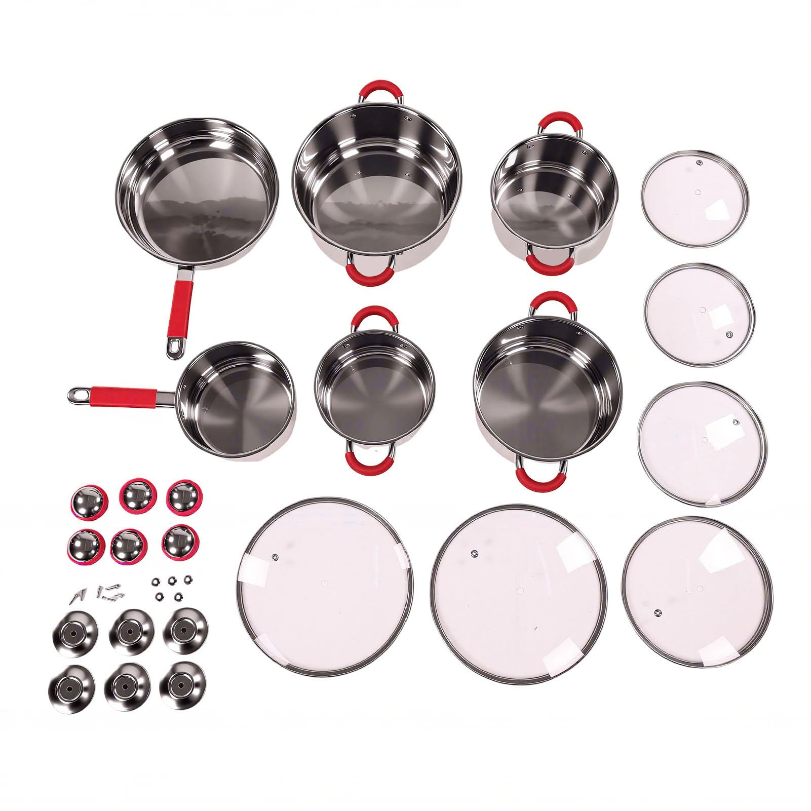 Ausla Juego de Utensilios de Cocina de Acero Inoxidable de 6 Piezas, Ollas y Sartenes con Base de Triple Capa y Tapas de Vidrio, Compatibles con Todas las Estufas, Utensilios de Cocina para Cocción