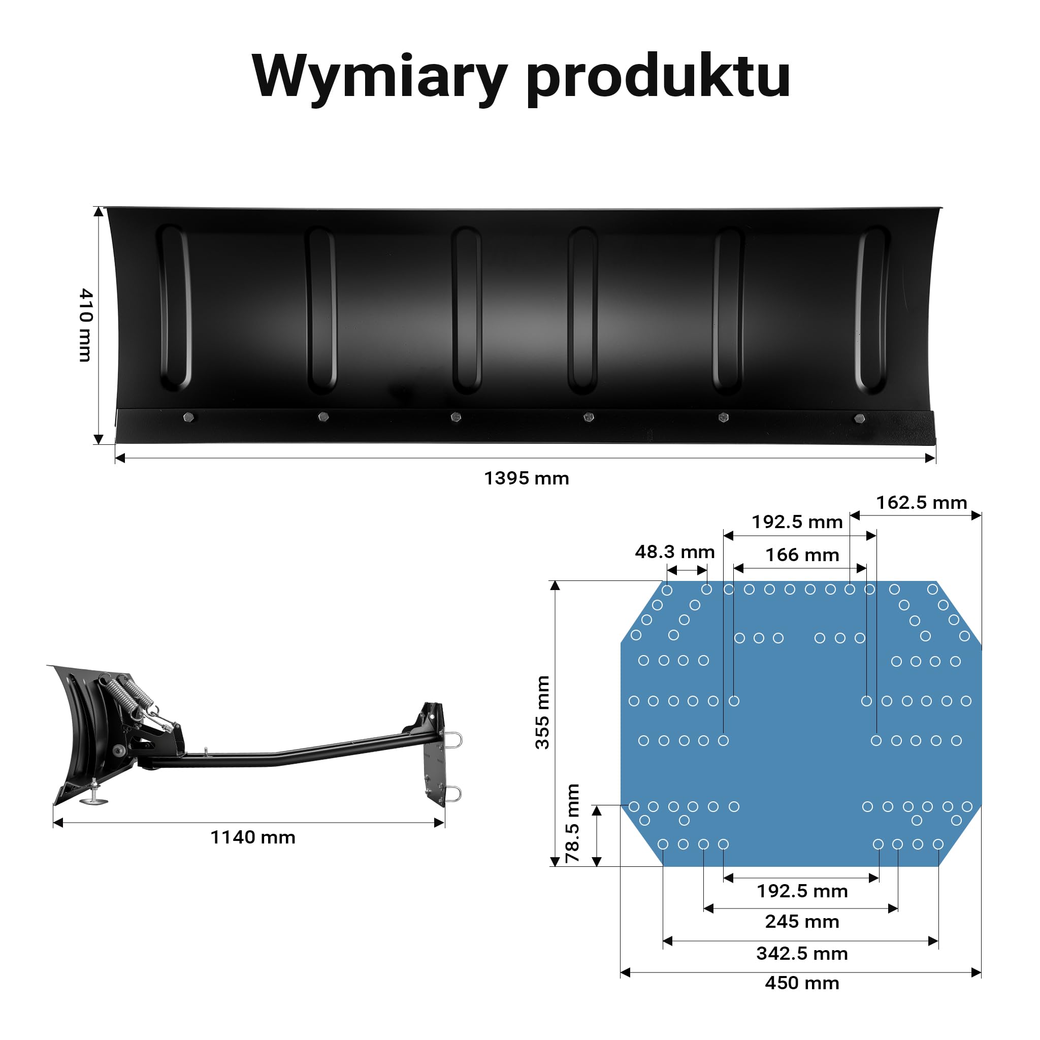 Wiltec Pług do śniegu o wymiarach 140 x 40 cm ze stali SPCC, czarna łopatka do mocowania do quadu, ATV i traktorka kosiarki, szufla do odśnieżania