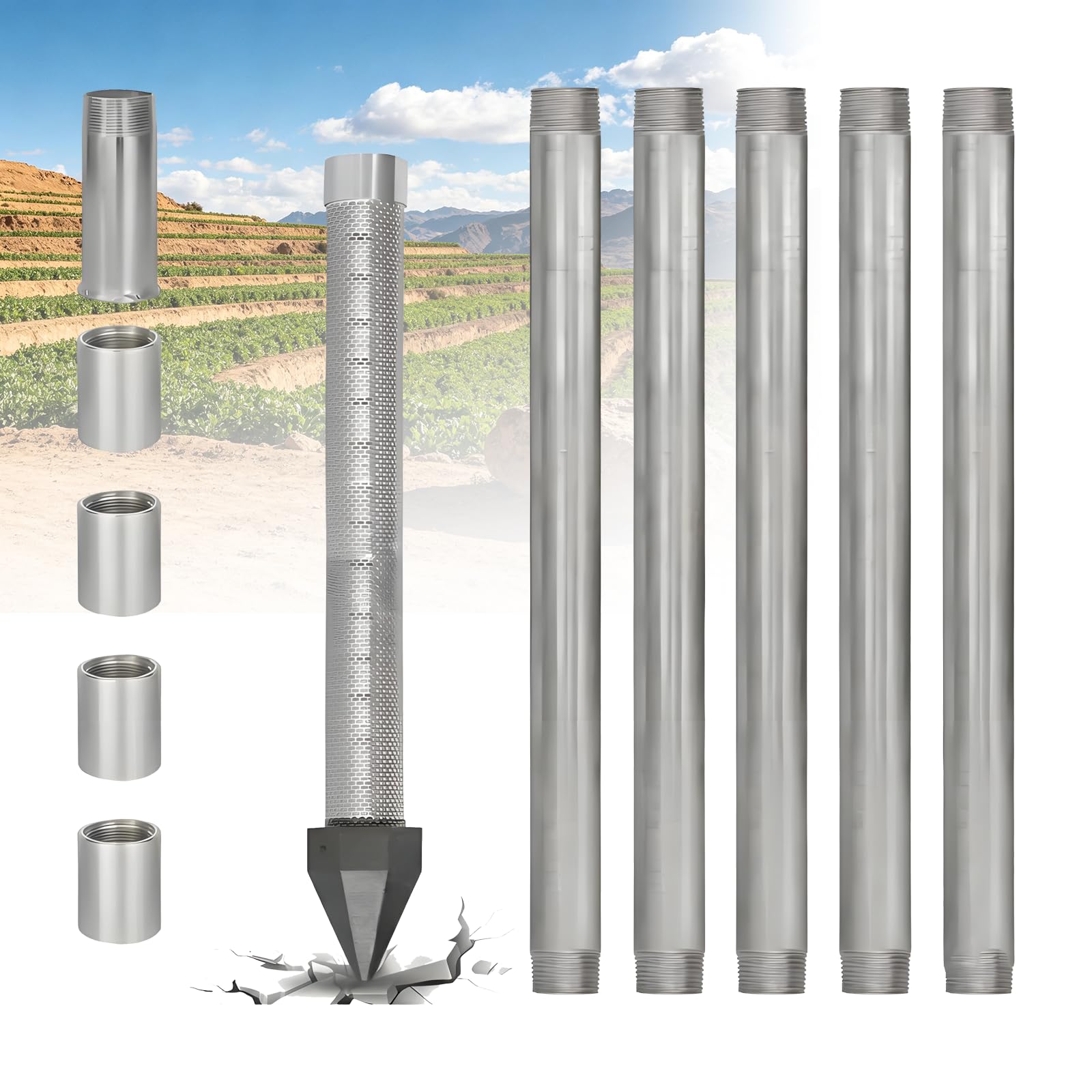 Gavscient 1-1/4 Inch Water Well Drilling Kit – Heavy-Duty Galvanised Pipes with Stainless Steel Drive Point and Sand Point Well Screen, 6M/20ft DIY Groundwater Access System for Gardens & Farms 6m