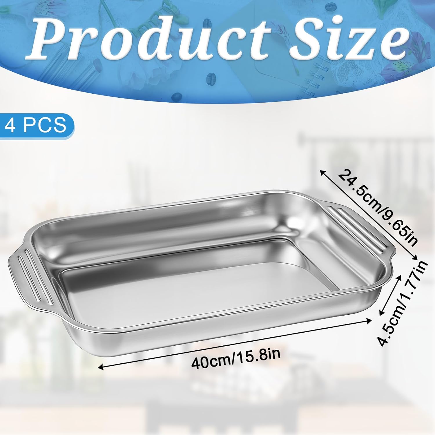 4Pcs 9x13 Stainless Steel Cake Pan Baking Pan Rectangle Cake Pans Rectangular Bakeware Baking Tray for Cakes Breads Fish Vegetables Dishwasher Safe