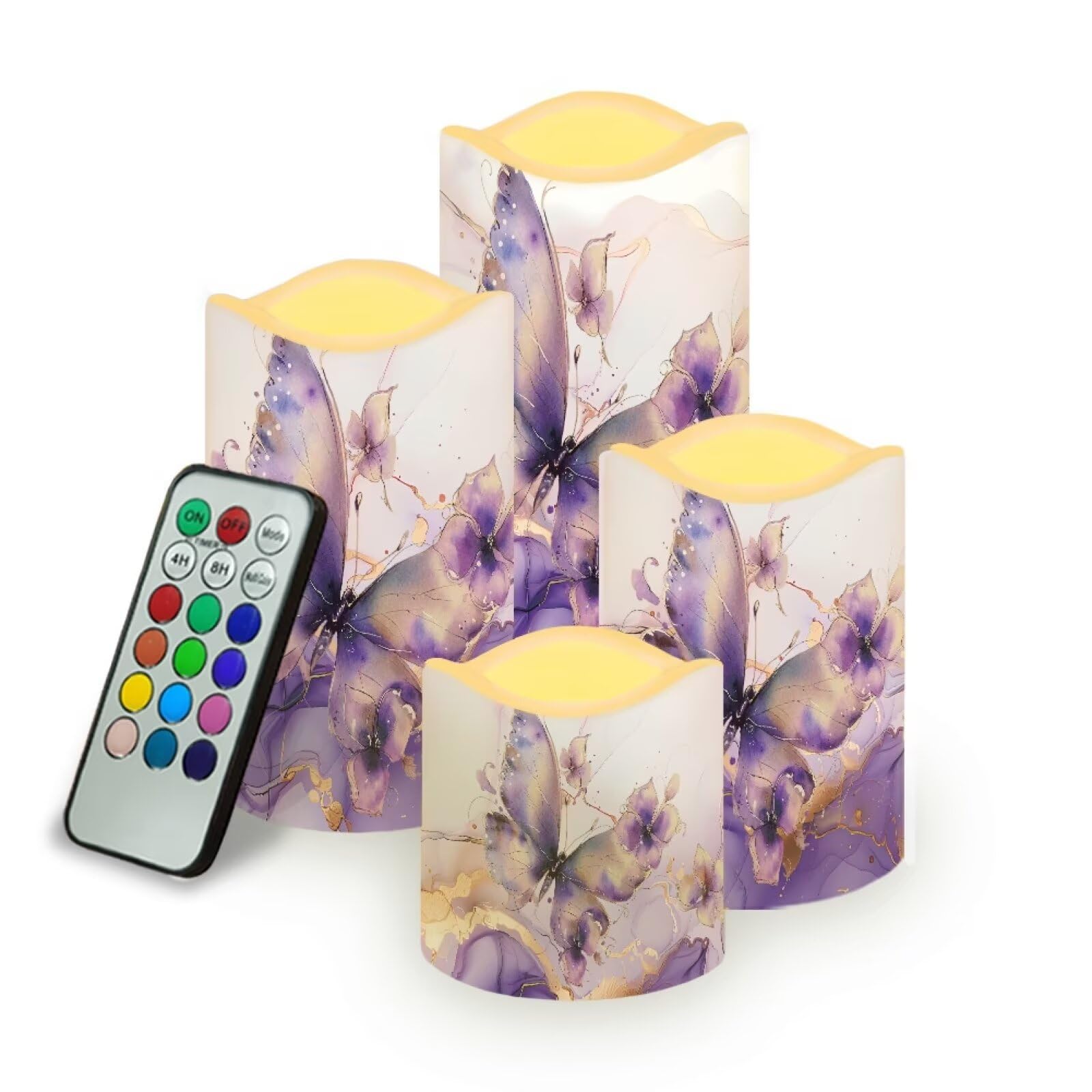 Purple Butterfly Marble Flickering Flameless Candles with Remote LED Pillar Candles Battery Operated with Timer Color Changing Electric Candles Decoration