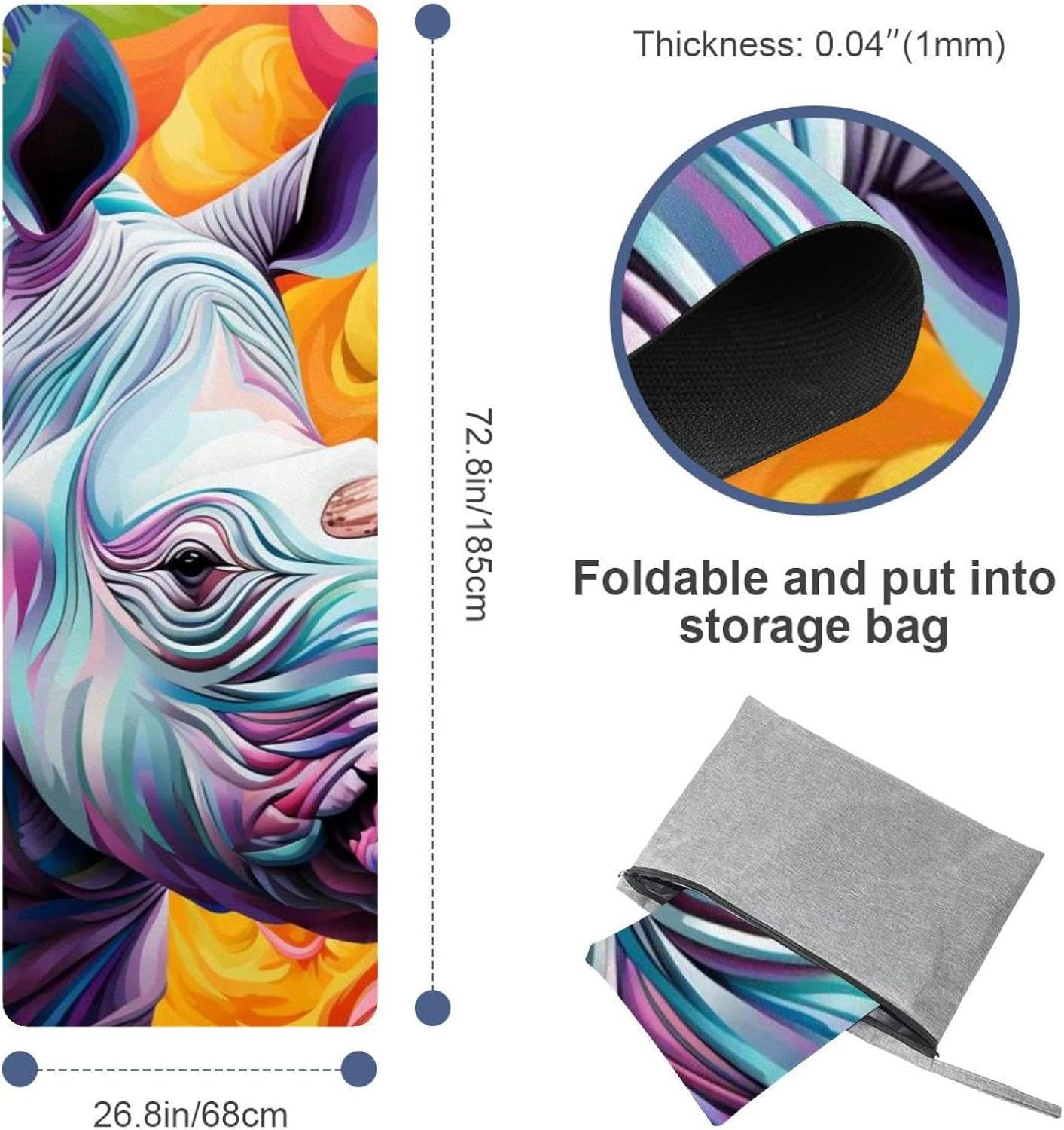 Yoga Towel, Rhino Animal Print Non Slip Sweat Absorbent Hot Yoga Mat Towel for Hot Yoga, Pilates and Fitness - 72.8" x 26.8"