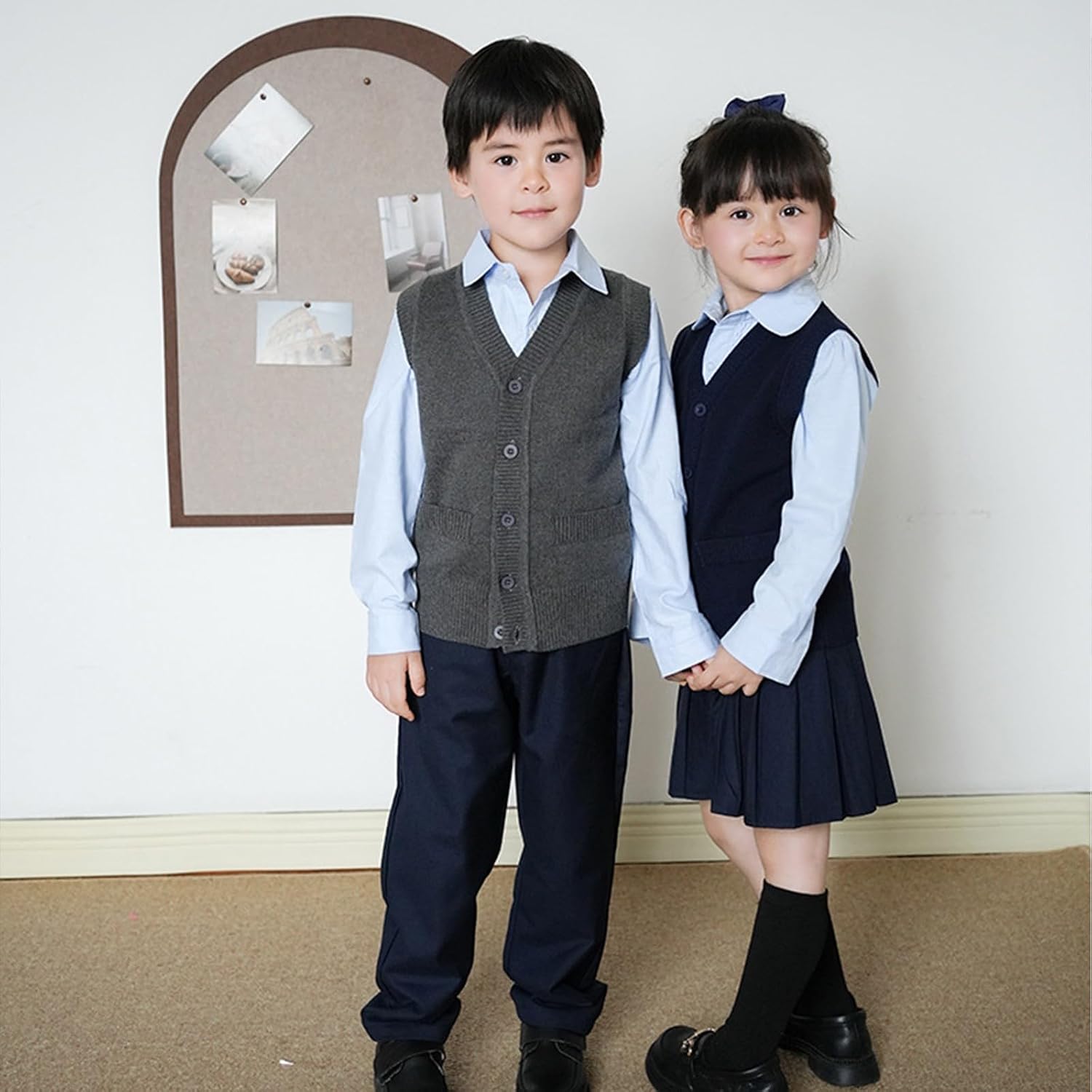 Boys Girls School Uniform Sweater Vest Back to School V Neck Sleeveless Sweaters Cardigan Button Down Solid Ribbed Knit