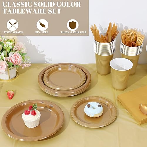 Miniatura 2 de KesaPlan Juego de vajilla desechable dorada de 212 piezas, suministros para fiestas, incluye 30 platos de plástico dorados, tazas doradas de 12