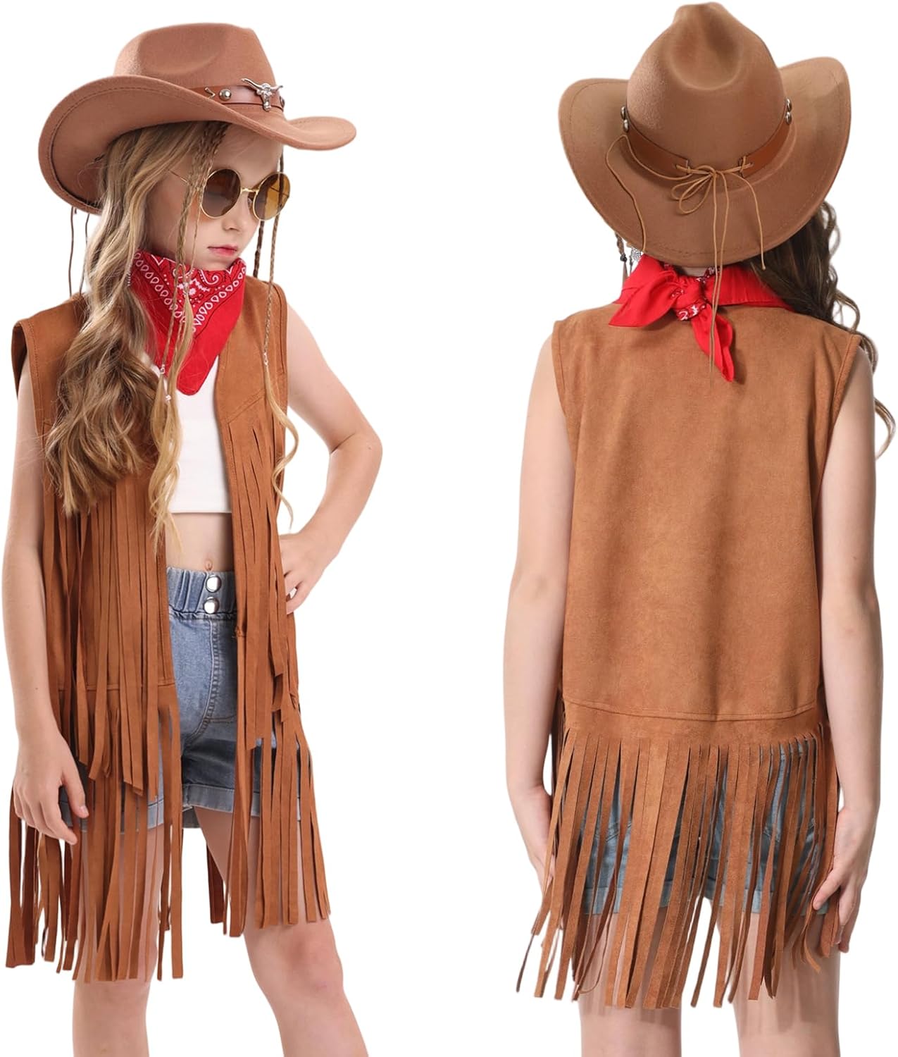 Cowgirl Outfits Costume for Girls 6 Pcs Kids Western Outfit Cowboy Hat Tassel Fringe Vest Earring for Halloween Party