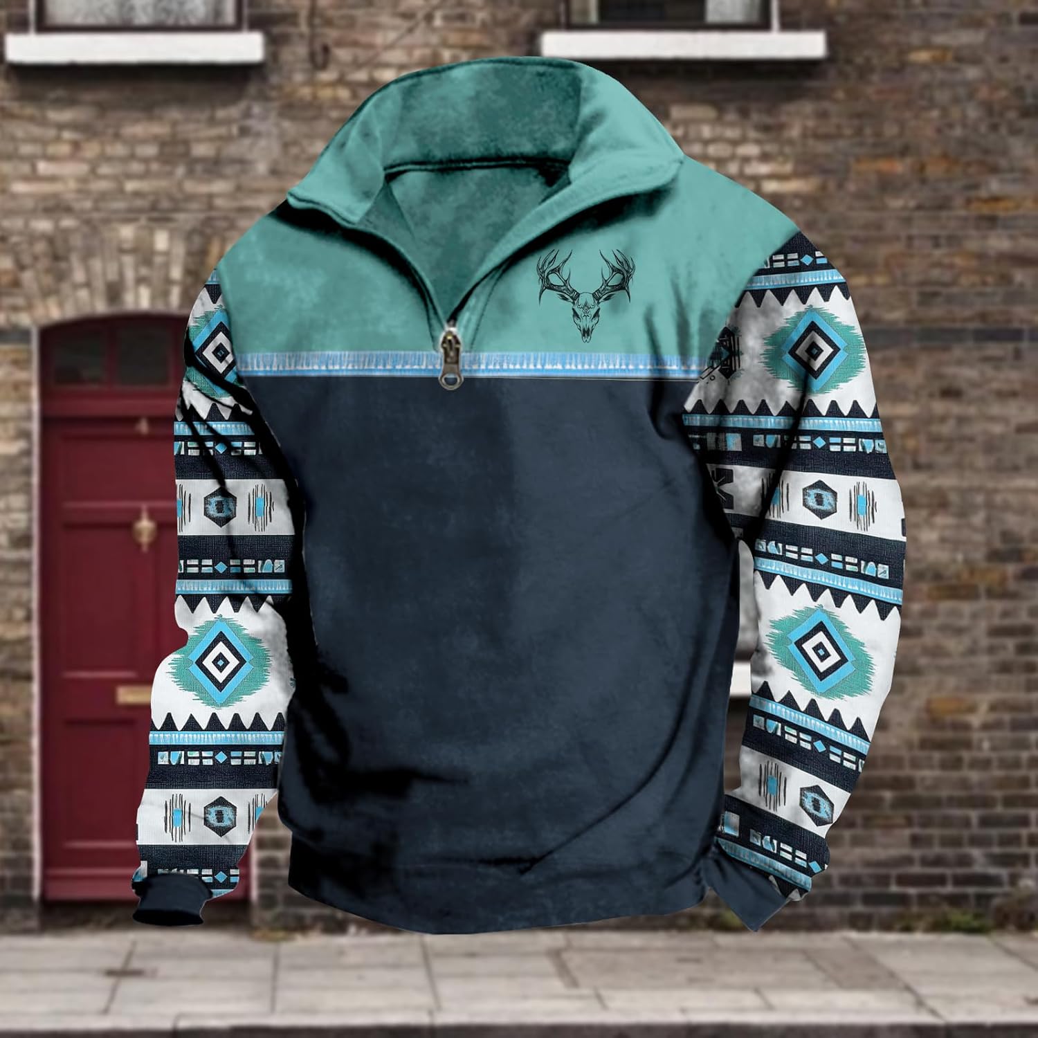 Aztec Cowboy Mens Hoodie Vintage Graphic Western Hoodies Casual Long Sleeve 1/4 Zip Pullover Mens Country Jacket - Image 2