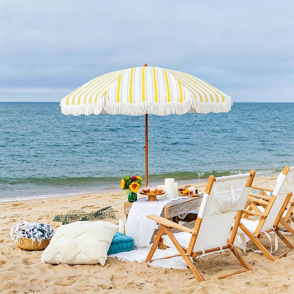 200 cm Parasol Ogrodowy z Frędzlami, Przenośny Parasol Plażowy w Paski Boho z Pochyleniem i Regulowanym Stalowym Słupkiem