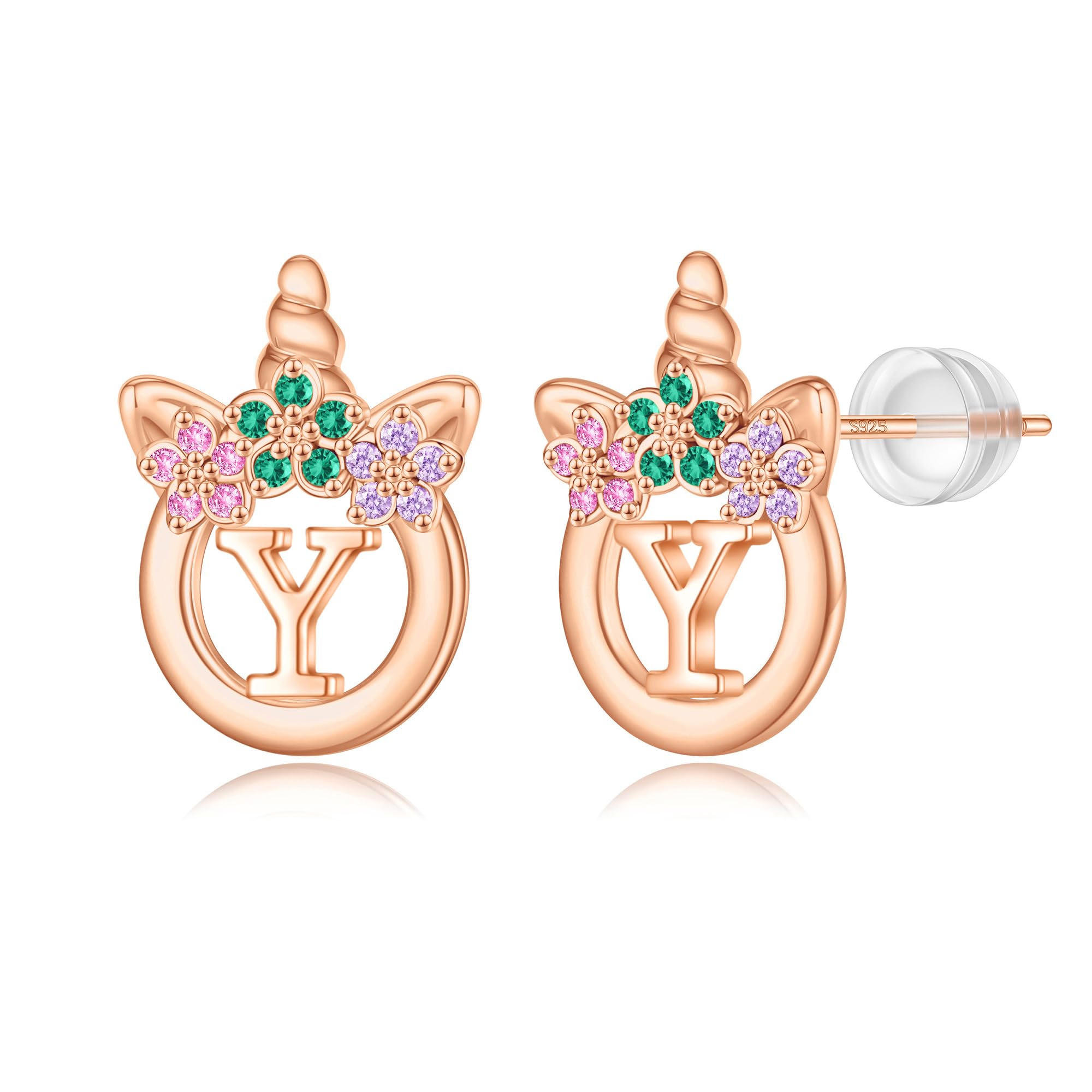 Unicorn Earrings Gifts for Girls - 925 Sterling Silver Stud Earrings Hypoallergenic Initial Unicorn Earring for Girls Kids Jewelry CZ Birthday Gifts