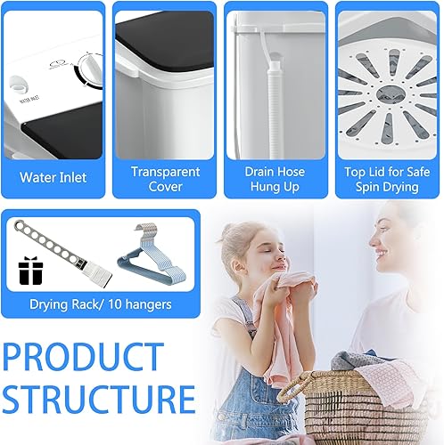 Miniatura 2 de Lavadora portátil de doble tina de 18 libras con estante de secado y colgador, lavadora de 11 libras y combo giratorio de 7 libras, máquina de