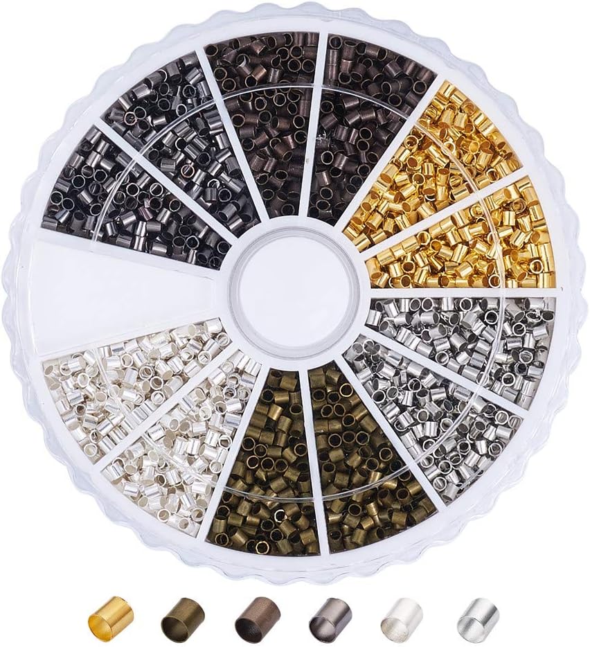 Pandahall 1Box/3300pcs Brass 6 Colors Tube Crimp Beads Tube Covers Beads Tips Mini Column Spacer 1.5x1.5mm Antique Bronze & Red Copper & Black & Silver & Golden & Platinum