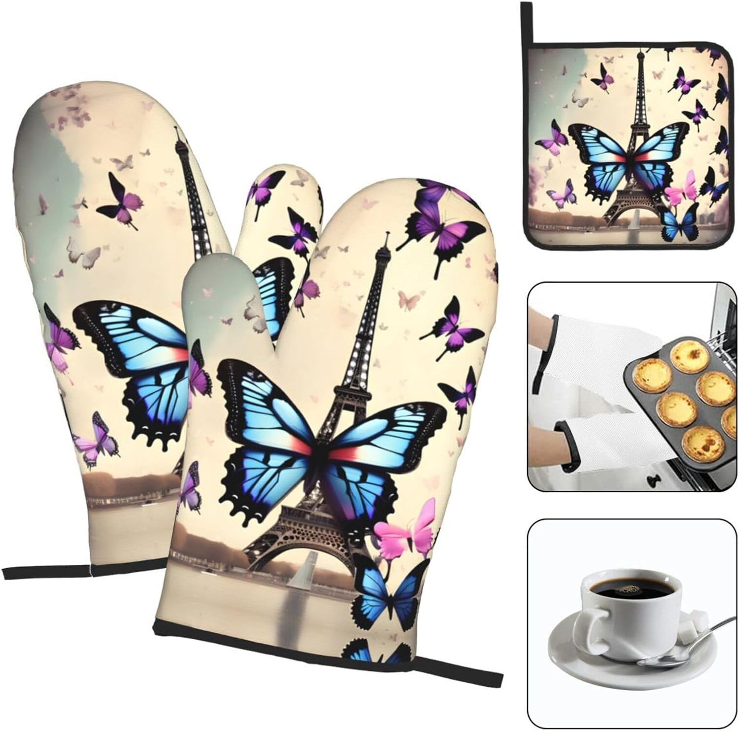 Romantic Paris Eiffel Print Heat Resistant Microwave Gloves, Used for Baking, Cooking, and Fashion Kitchen Essentials