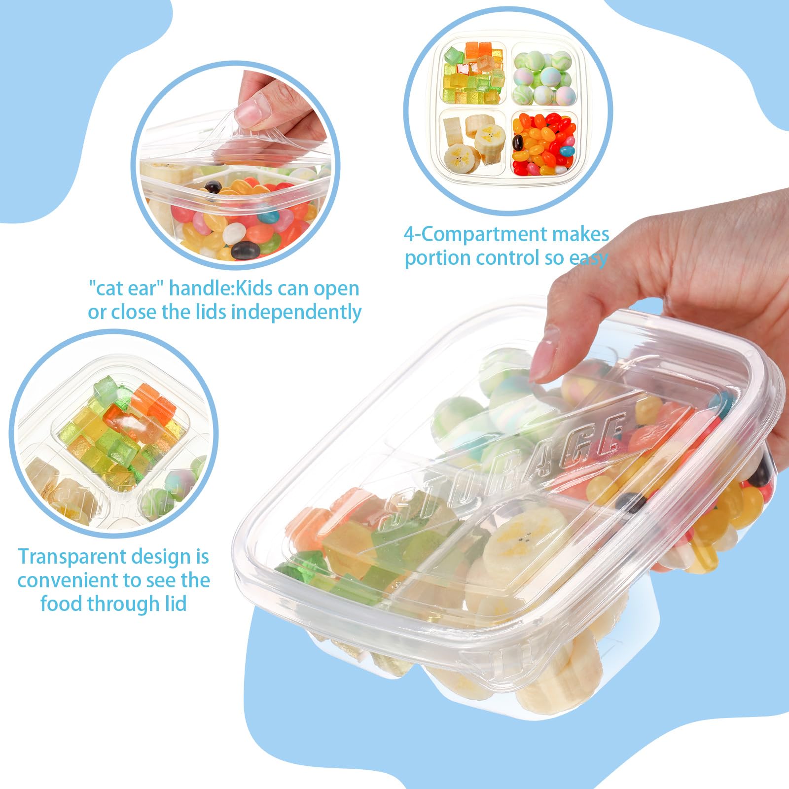 Dandat 50 recipientes de plástico transparente con tapas, 4 compartimentos, cajas de aperitivos Bento reutilizables con 50 palillos de comida de animales para niños, adultos, escuela, oficina, trabajo