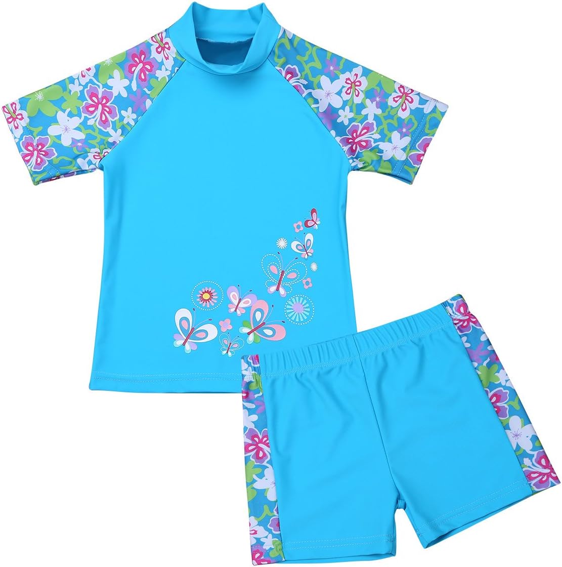 Mufeng Baby Girls Floral Printed Rash Guard Sets UPF 50+ Sun Protection Child Short Sleeve 2-Piece Swimsuit Swimwear