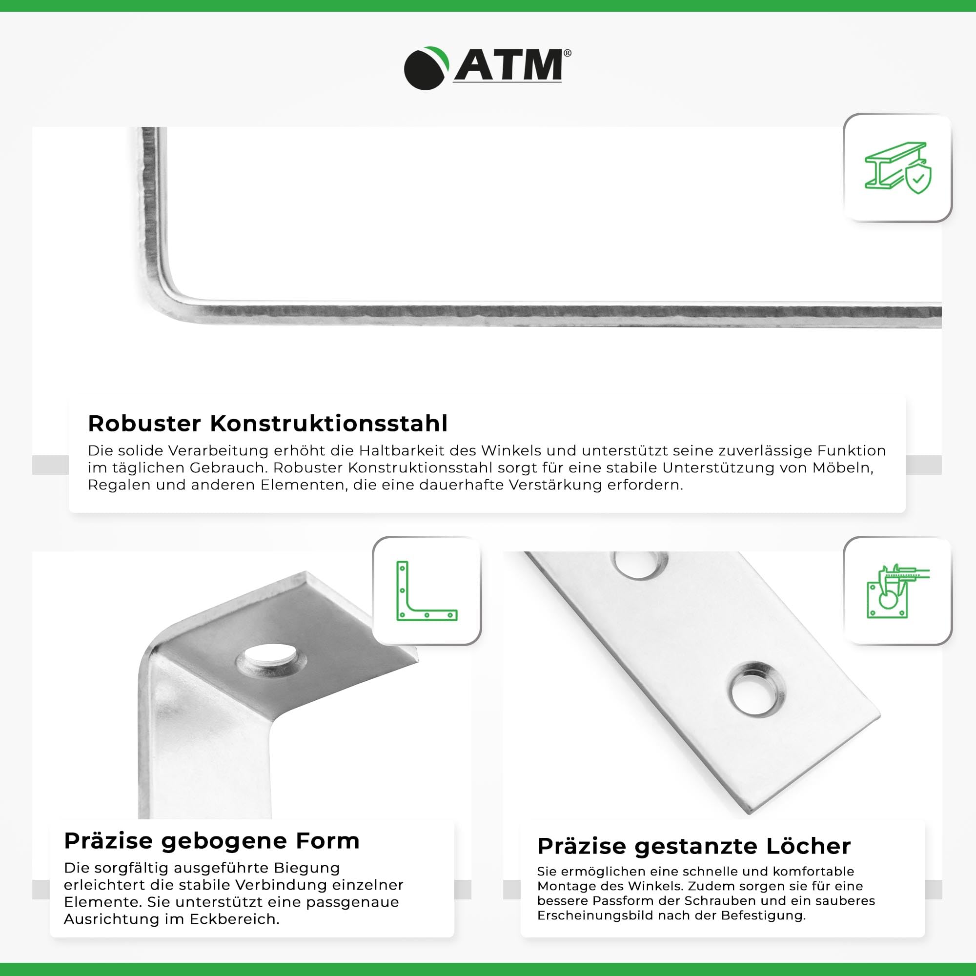 ATM Winkelverbinder Stuhlwinkel Winkelverbinder Galvanisch Möbelwinkel - Metallwinkel 66×17×17 x 1,5 mm – 100 Stück, Montagewinkel 90 Grad, Befestigungswinkel Möbel, Regal, Tisch, Stuhlwinkel, DIY