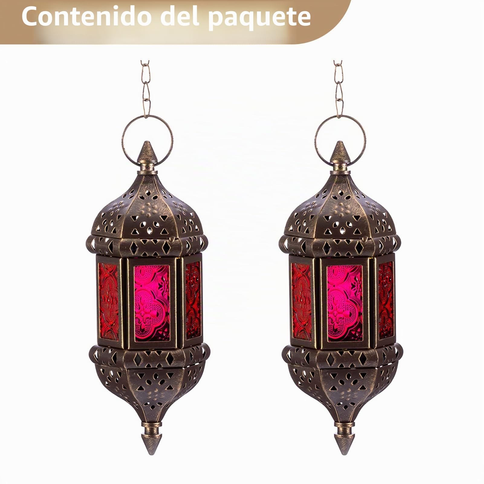Nuptio Linterna Vela Marroquí Candelabros Colgantes para Velas Té 2 Piezas Lámpara Ramadán Metal y Vidrio, Farolillos Decorativos Marrones Velas para Sala Balcón Patio Decoraciones Navideñas