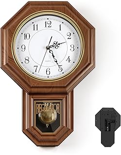 HEOMU Pendulum Wall Clocks Battery Operated, Wood-Looking Plastic Regulator Clock with Pendulum,Vintage Decorative Wall Clocks for Living Room,Office,Bedroom,Kitchen,Brown 11.8x17.7in