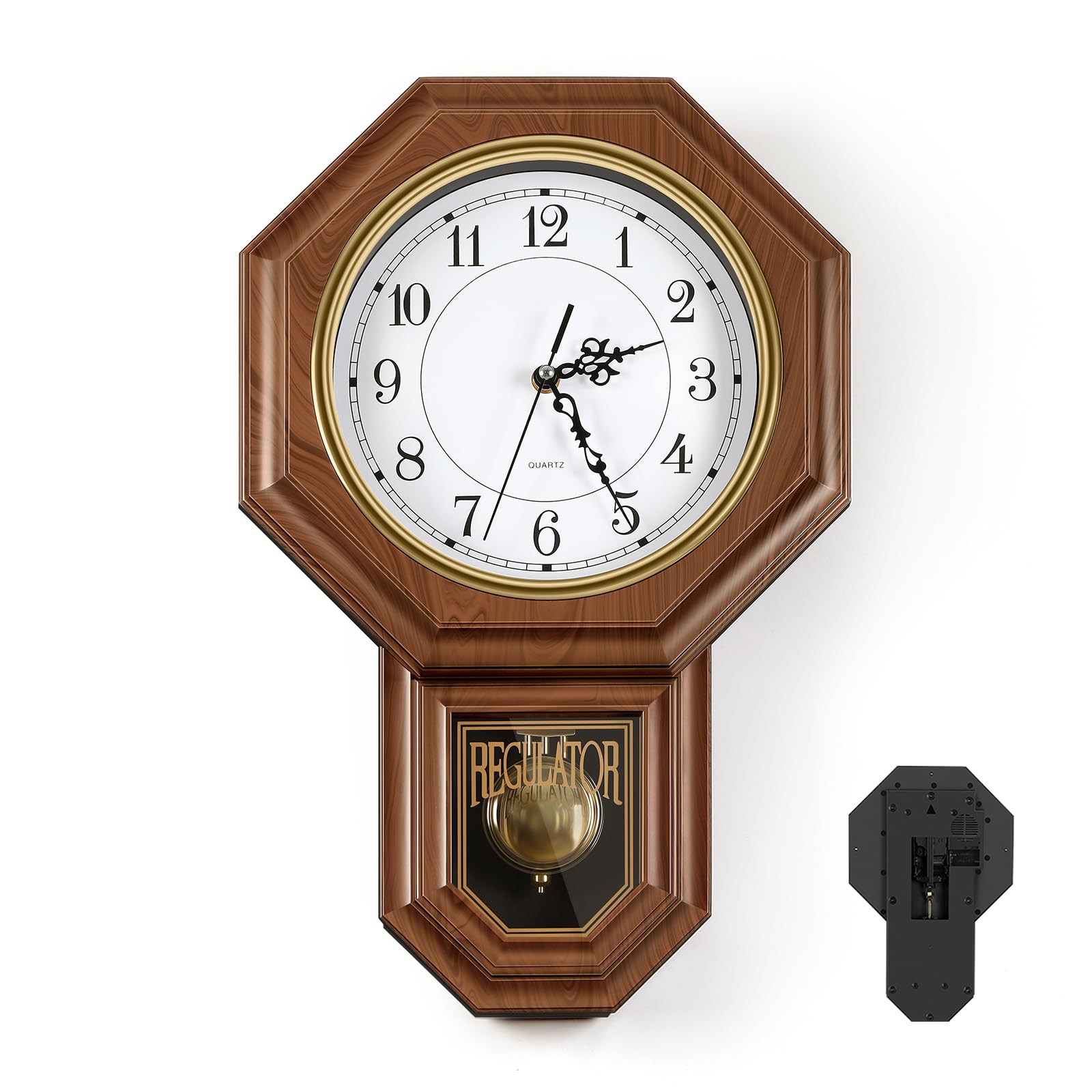 HEOMU Reloj de pared de péndulo que funciona con pilas, reloj regulador de plástico de imitación de madera con péndulo, relojes de