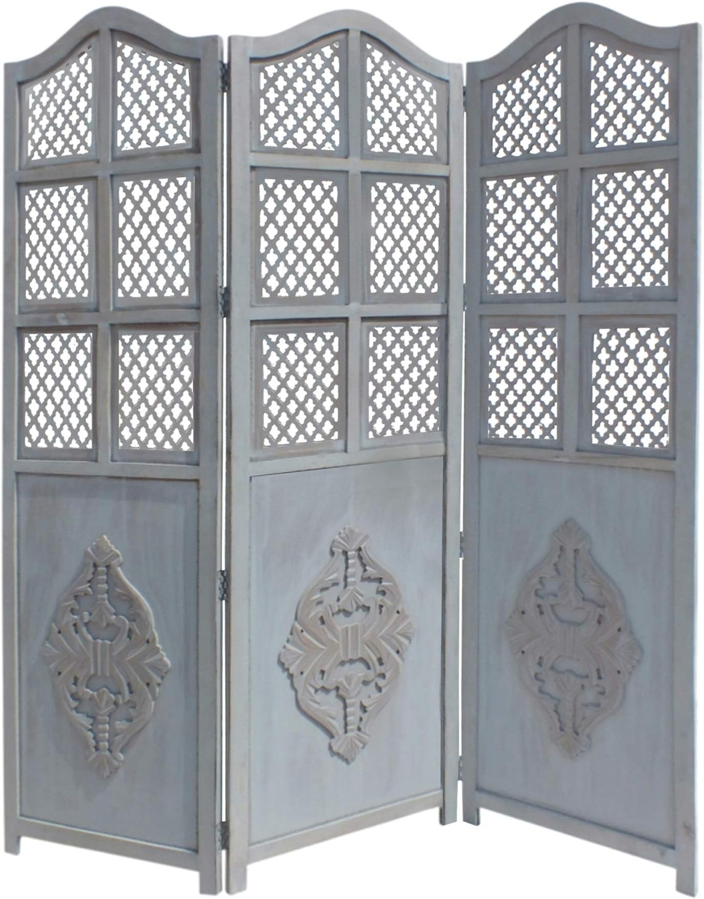 TUP The Urban Port Three Panel Wooden Room Divider with Traditional Carvings and Cutouts, Blue