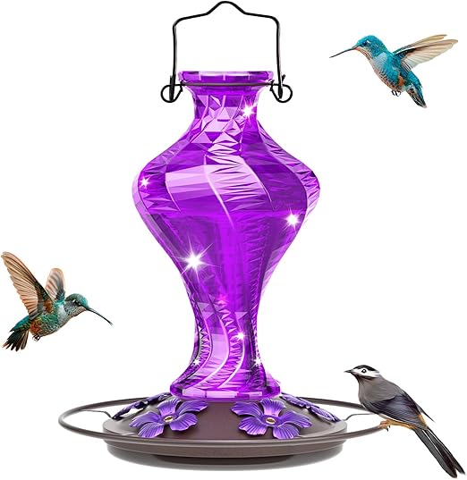 Glass Hummingbird Feeder for Outdoors Hanging, Bird Nectar Feeder with Perch & 5 Flower Feeding Ports, 20 Oz Leak Proof for Outside Garden Decor Backyard, Gifts for Women Mom, Purple