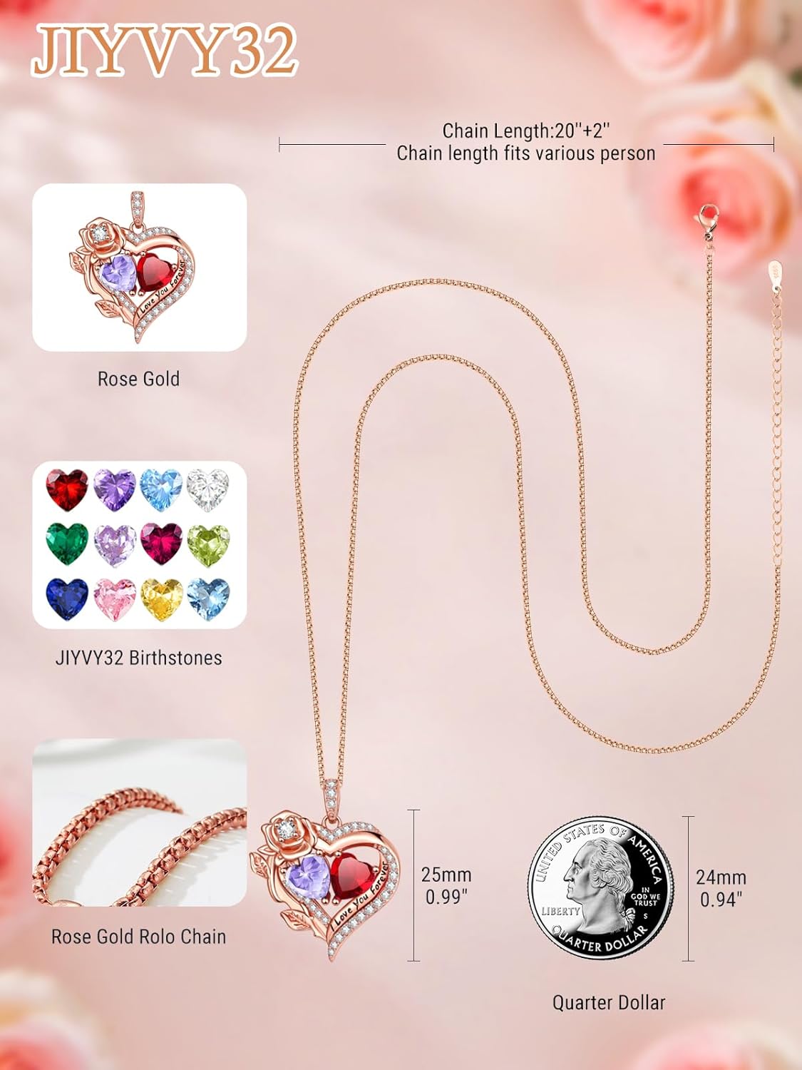 Rose Gold Heart Double Birthstone Necklaces for Women, Forever Love Jewelry with 2 Birthstones Pendant,Valentines Anniversarry Birthday Gifts for Her Wife Mom Grandma, 18+2 Inch Chain - Image 4