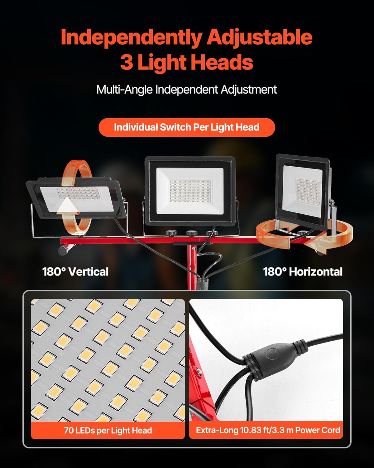 VEVOR LED Work Light with independently adjustable light heads, 70 LEDs per head, and 10.83 ft power cord